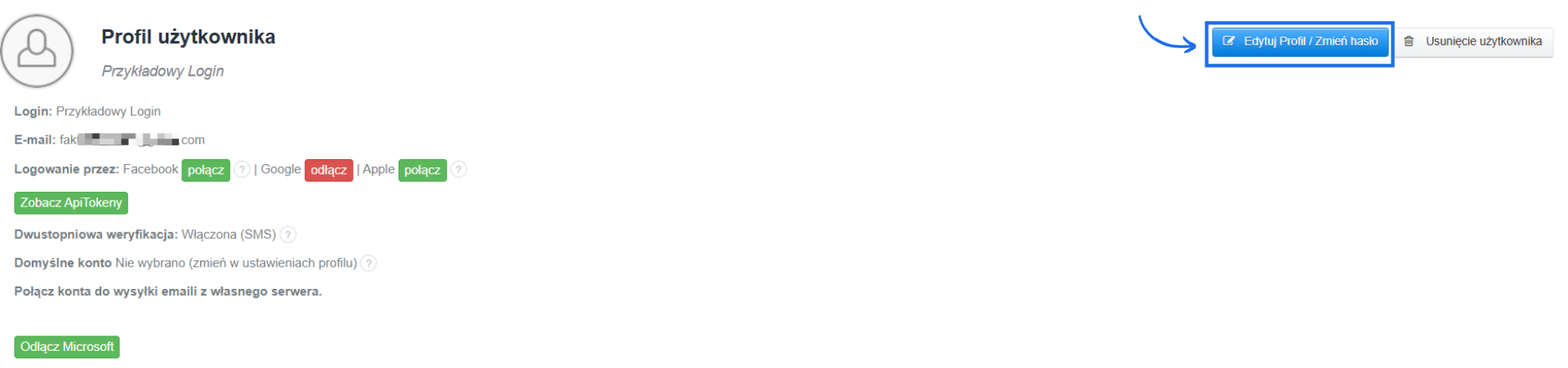 Profil użytkownika z widocznym loginem, adresem e-mail oraz dodatkowymi ustawieniami obowiązującymi dla tego e-maila w systemie.