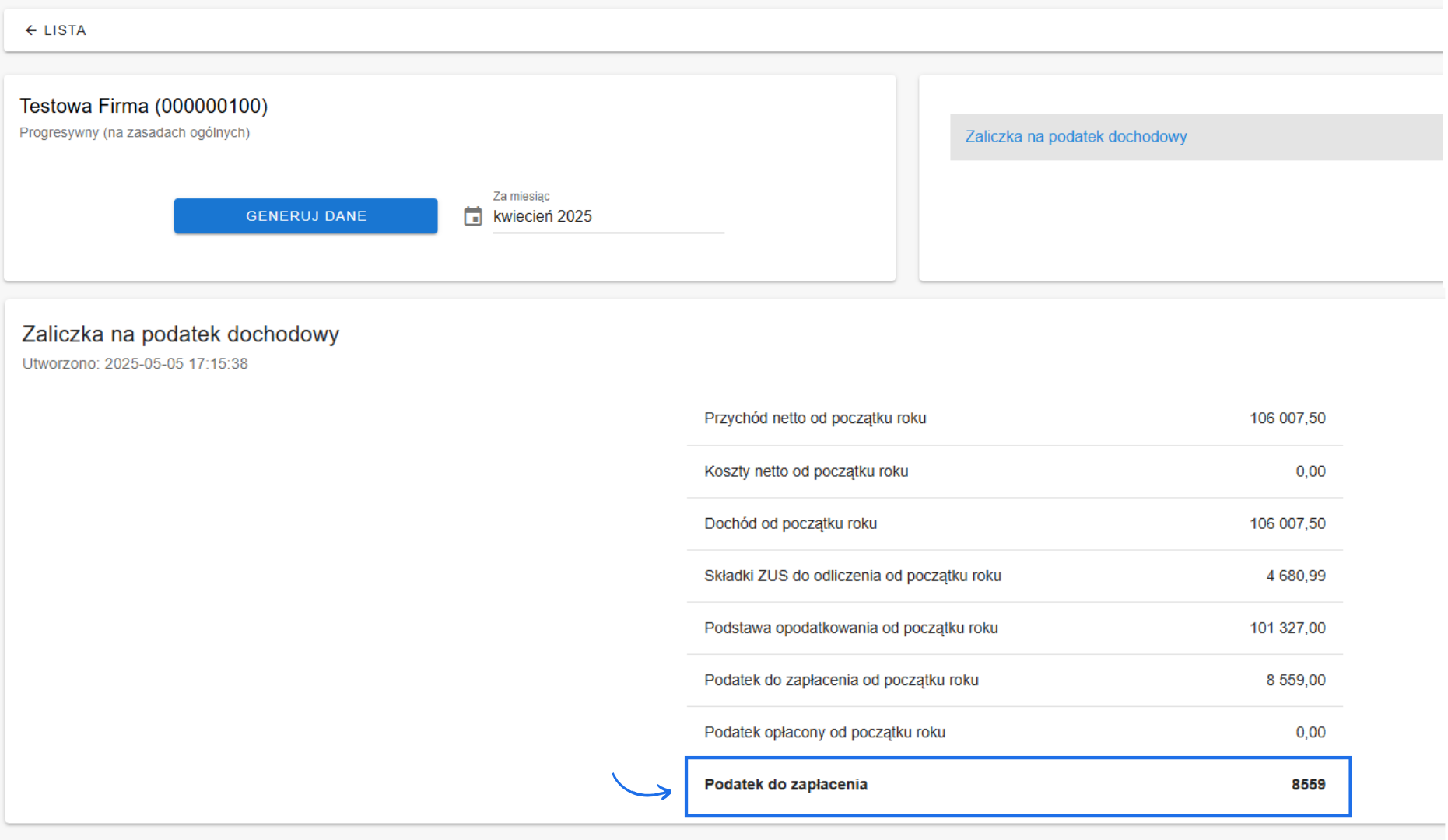 Podsumowanie zaliczki na podatek dochodowy PIT za kwiecień 2025 – podatek do zapłaty: 8559 zł w systemie Fakturownia dla Testowa Firma.