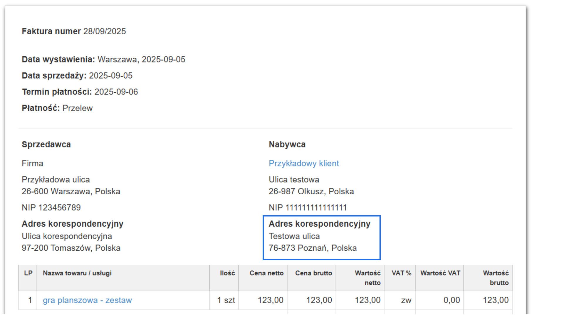 Widok faktury z widocznymi danymi sprzedawcy i nabywcy oraz adresami korespondencyjnymi z Tomaszowa i Poznania.