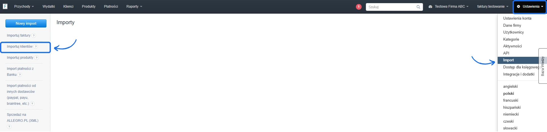 Widok panelu importu w systemie, z zaznaczoną opcją 'Importuj klientów' oraz menu ustawień z podświetlonym 'Import'.