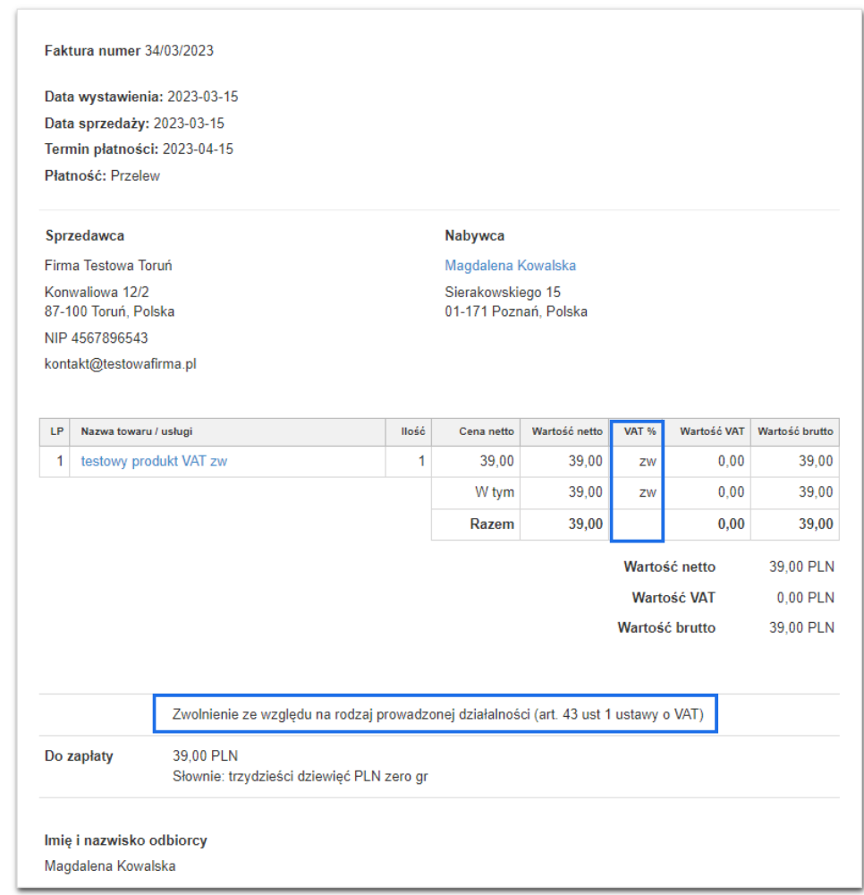 Faktura wystawiona z cyklu ze stawką zw oraz powodem zwolnienia.