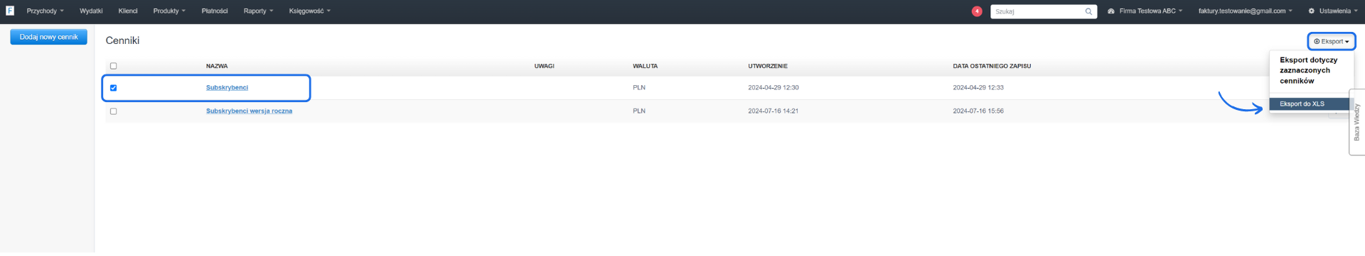 Ekran zarządzania cennikami w systemie fakturowania z opcją eksportu zaznaczonych cenników do pliku XLS.