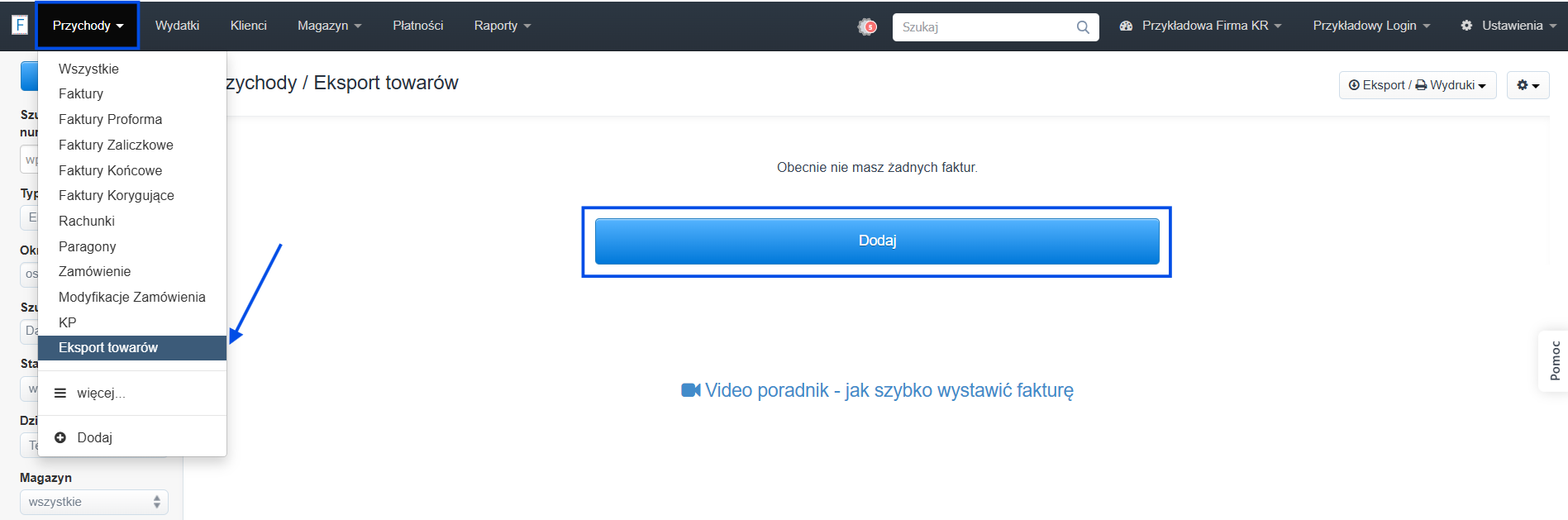 Lista dokumentów w typie 'eksport towarów' z opcją dodania nowego dokumentu.