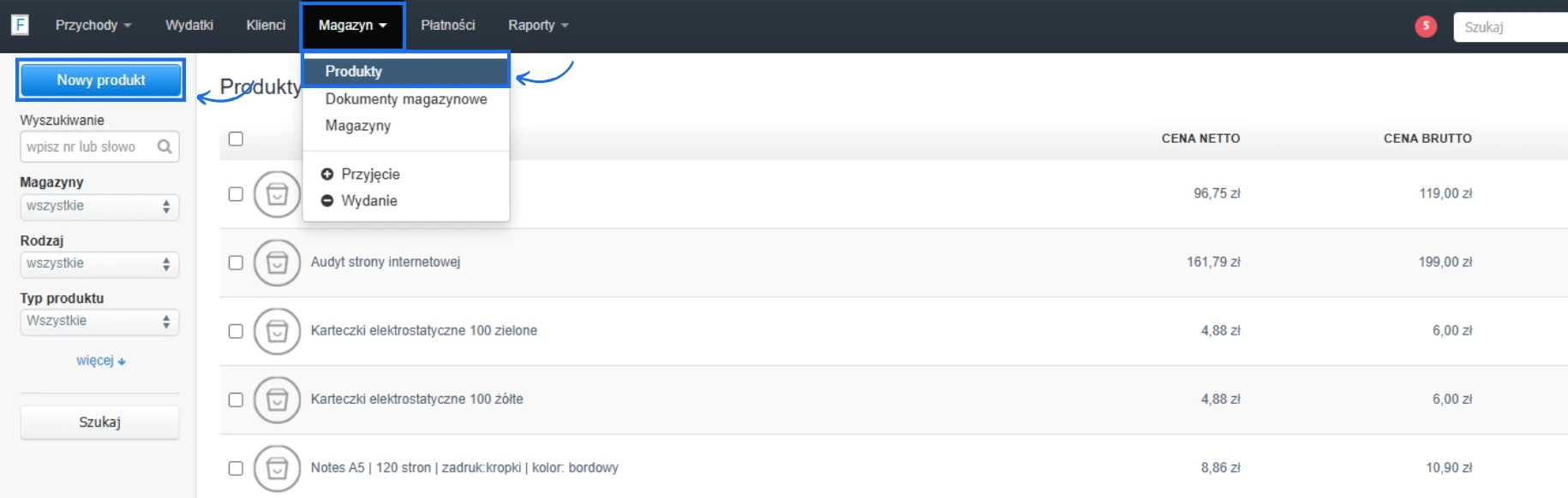 Lista produktów w zakładce „Magazyn > Produkty” z widocznymi usługami i przyciskiem „Nowy produkt” do dodania nowej pozycji.