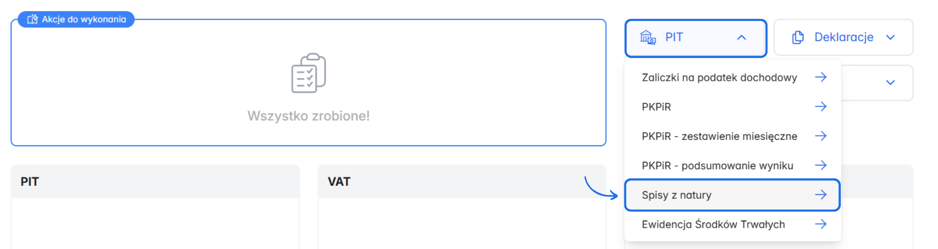 Kafelek PIT w module samodzielnej księgowości z aktywną opcją spisu z natury.