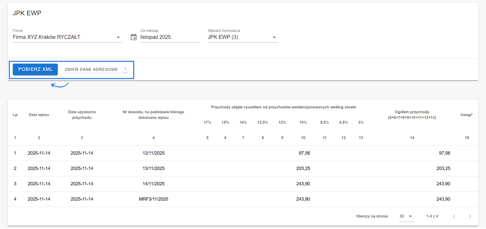 Raport JPK EWP wygenerowany w Fakturowni z przykładowymi danymi oraz możliwością pobrania pliku za pomocą przycisku 'Pobierz XML'.