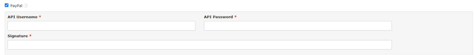 Formularz konfiguracji PayPal z polami API Username, API Password i Signature dla płatności online w systemie.