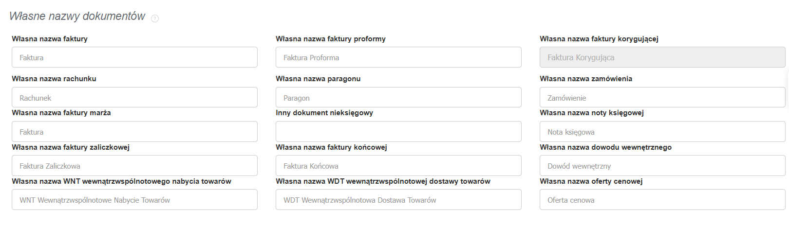 Sekcja konfiguracji własnych nazw dokumentów w Fakturownia.pl umożliwiająca edycję nazw faktur, paragonów, not i innych dokumentów.