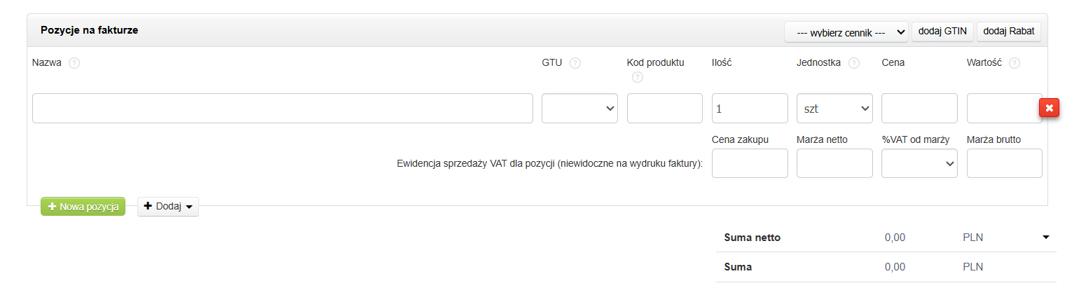 Formularz faktury VAT marża z ewidencją sprzedaży VAT dla pozycji.