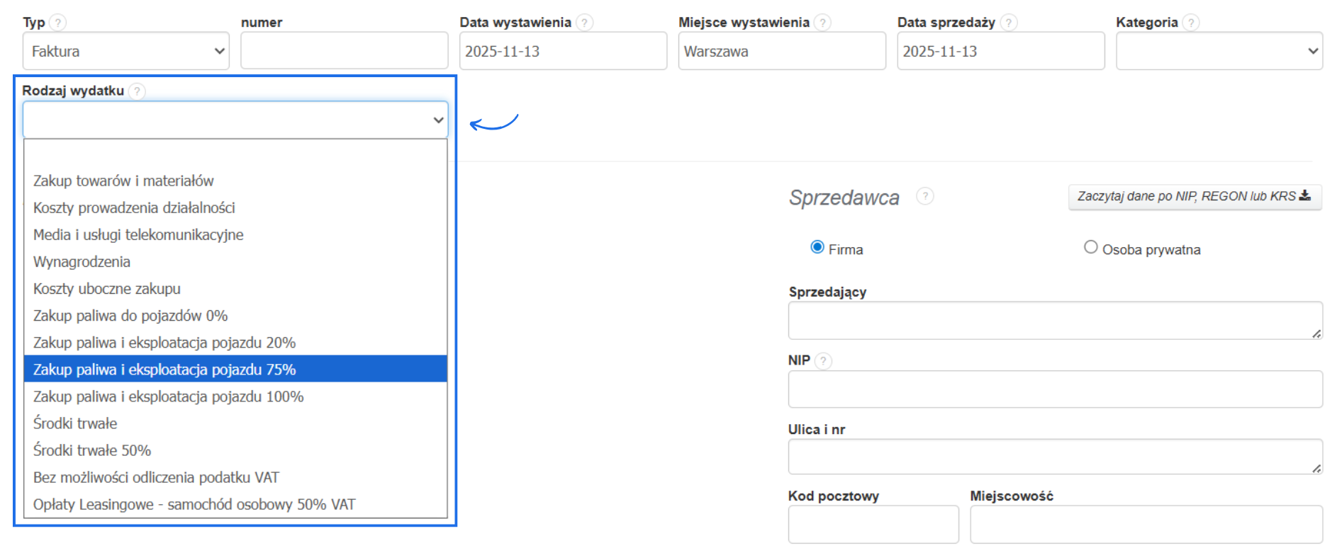 Formularz tworzenia faktury kosztowej w systemie Fakturownia z aktywnym pole do określania rodzaju wydatku np. zakup paliwa i eksploatacja pojzdu 75%.