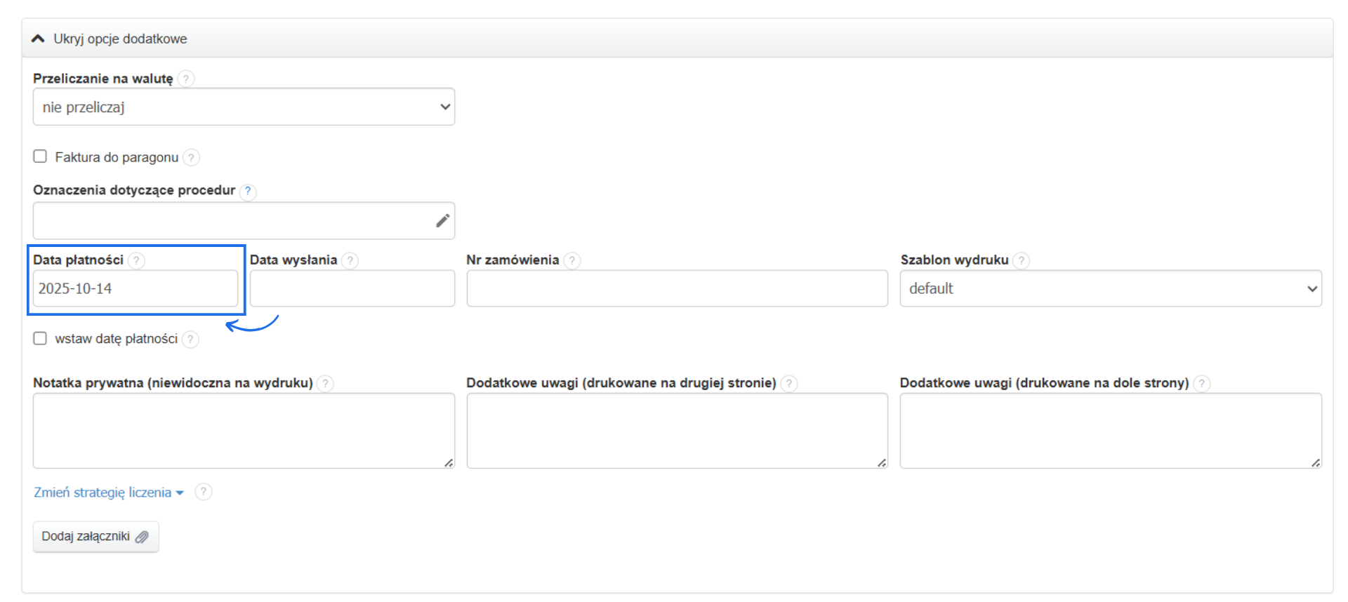 Formularz tworzenia/edycji faktury z sekcją dodatkowych opcji i zaznaczonym polem, które wskazuje na datę otrzymania płatności za fakturę lub zmiany statusu na opłacona.