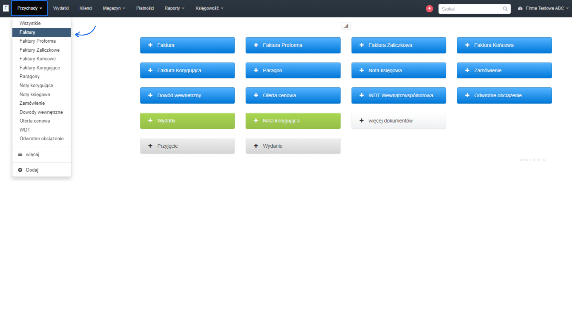 Interfejs fakturowania z rozwijanym menu 'Przychody', zaznaczona opcja 'Faktury', i różne typy dokumentów do wyboru, w tym Faktura, Faktura Proforma, Nota księgowa, oraz opcje dodawania dokumentów.