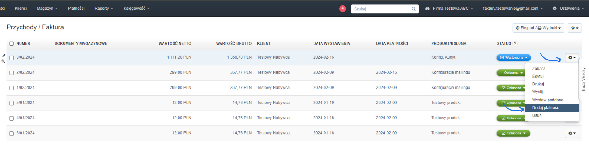 Lista faktur w systemie księgowym z widoczną opcją 'Dodaj płatność' w rozwijanym menu dla jednej z faktur o statusie 'Wystawiona'.
