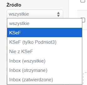 Opcja filtrowania faktur kosztowych po źródle z opcjami: KSeF, podmiot3, spoza KSeF i inbox.
