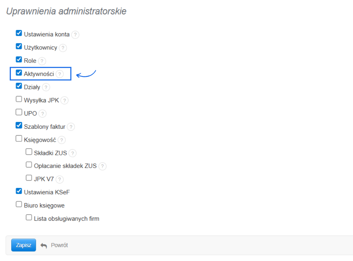 Lista uprawnień w tym uprawnień administratorskich jak aktywności dostępna przy tworzeniu własnej roli.