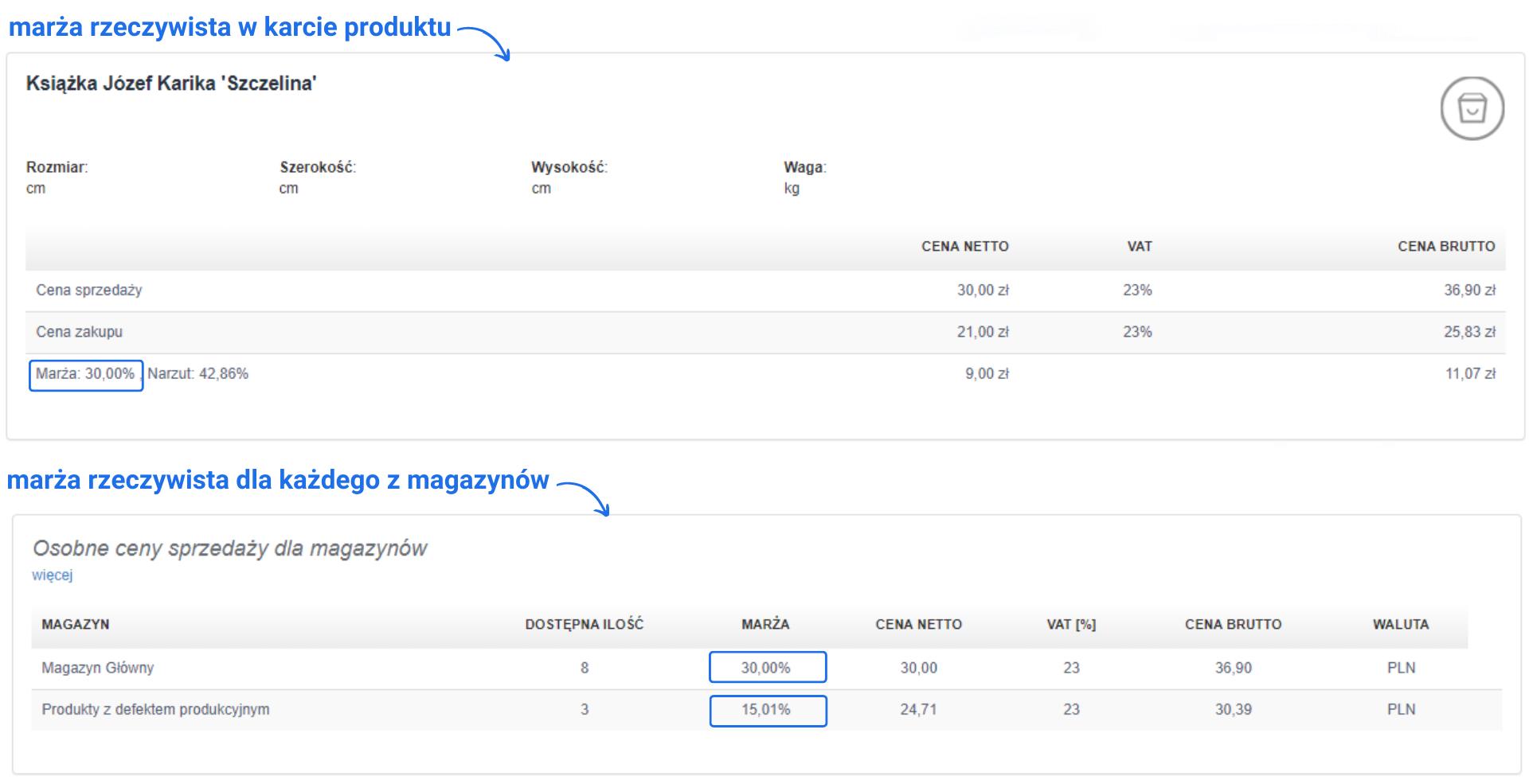 Podgląd karty produktu 'Książka Józef Karika Szczelina' z marżą 30% oraz osobnymi marżami dla magazynów: 30% i 15,01%.