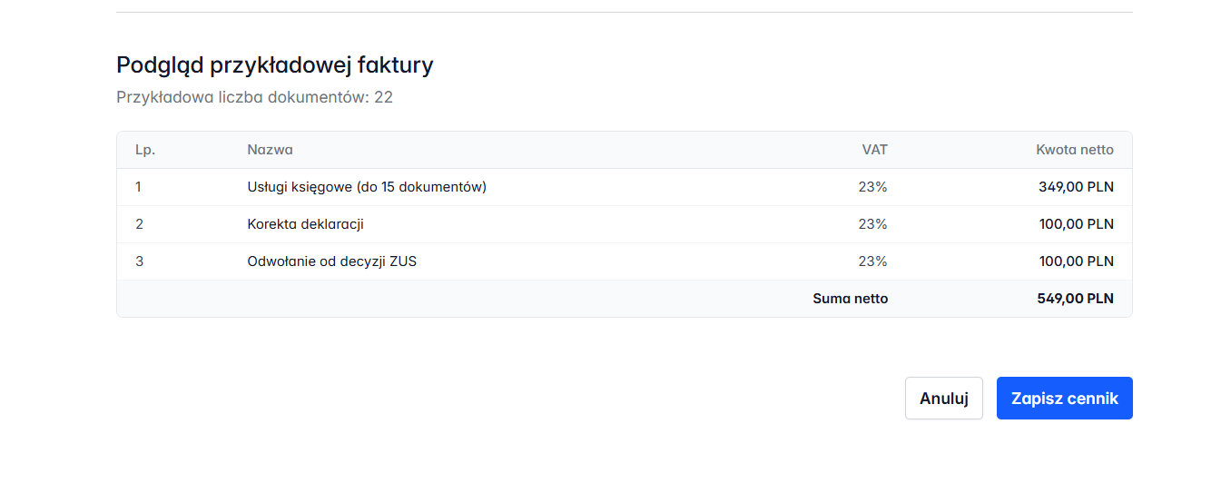 Podgląd cennika za usługi biura księgowego.