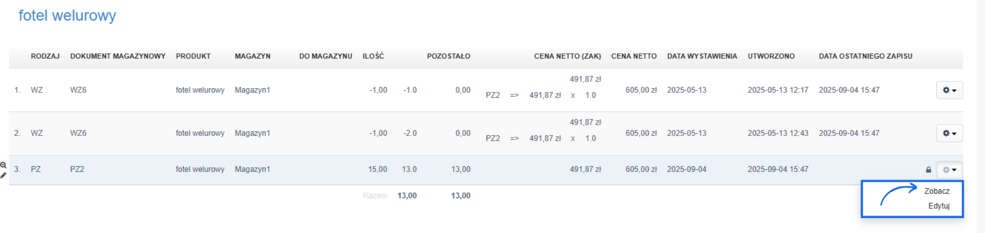 Lista operacji magazynowych dla produktu „fotel welurowy” z dokumentami WZ6 i PZ2, ilościami, cenami i datami wystawienia.
