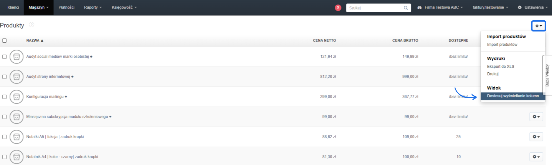 Zarządzanie produktami w systemie magazynowym z opcjami filtrowania, dostosowywania kolumn i eksportu do XLS.