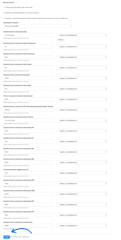 Ekran konfiguracji numerowania dokumentów w aplikacji Fakturownia, z różnymi formatami numerowania faktur, zamówień, paragonów i innych dokumentów oraz przyciskiem Zapisz.