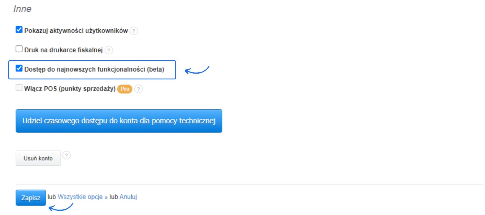 Ustawienia konta Fakturowni z zaznaczoną opcją dostępu do najnowszych funkcjonalności (beta) i przyciskiem zapisu zmian.