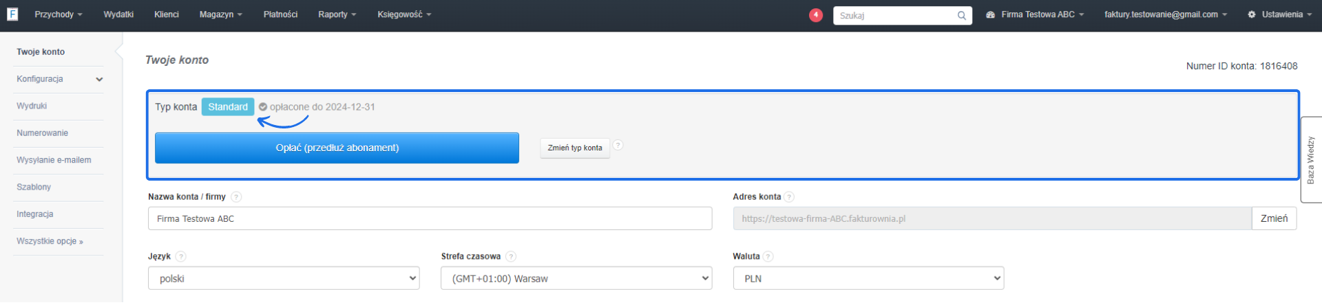 Panel ustawień konta z opcjami konfiguracji. Typ konta Standard, opłacone do 2024-12-31, z możliwością przedłużenia abonamentu. Przyciski do zmiany typu konta i przedłużenia abonamentu.