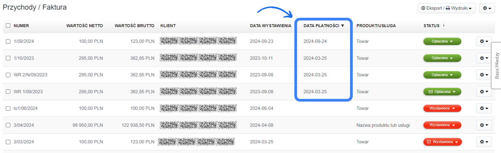 Data płatności wyświetlana jako filtr kolumna na liście faktur
