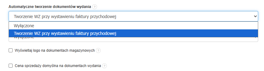 Opcje ustawień automatycznego generowania dokumentów WZ: wyłączone lub przy wystawieniu faktury przychodowej.