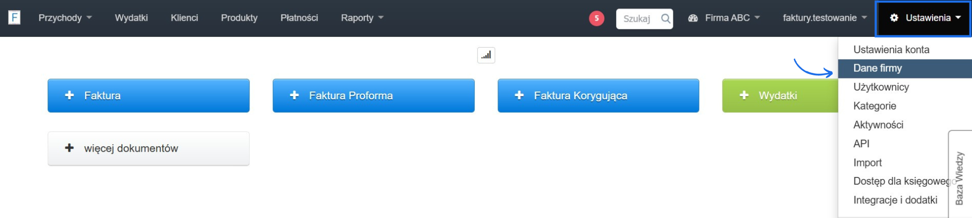 System do wystawiania faktur dla JDG z przyciskami do tworzenia dokumentów oraz aktywną zakładką ustawień.