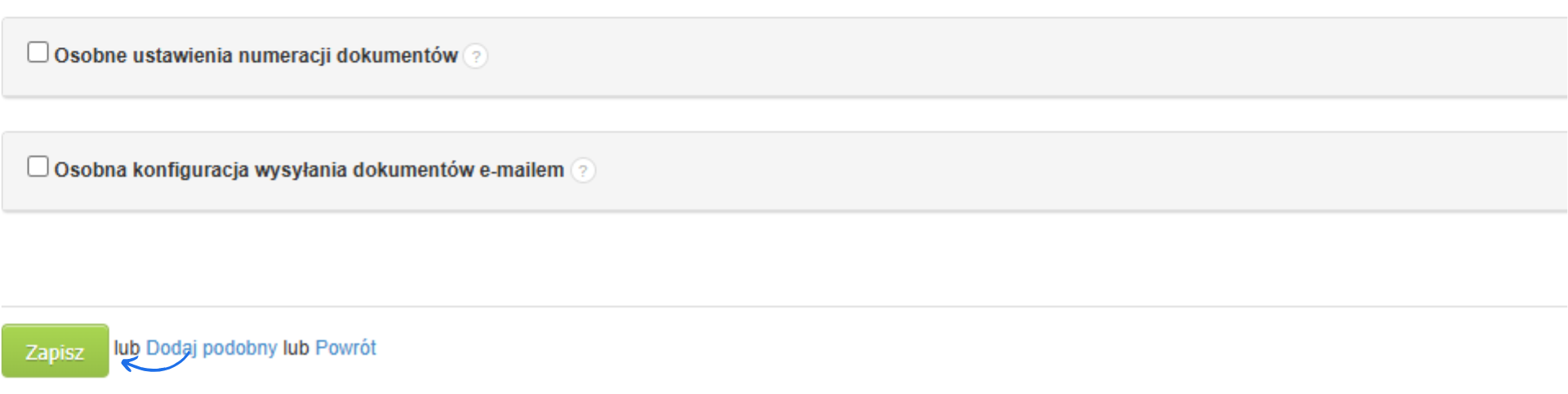 Przycisk 'Zapisz' w formularzu edycji danych firmy w Fakturownia z opcjami 'Dodaj podobny' i 'Powrót' do wcześniejszej strony.