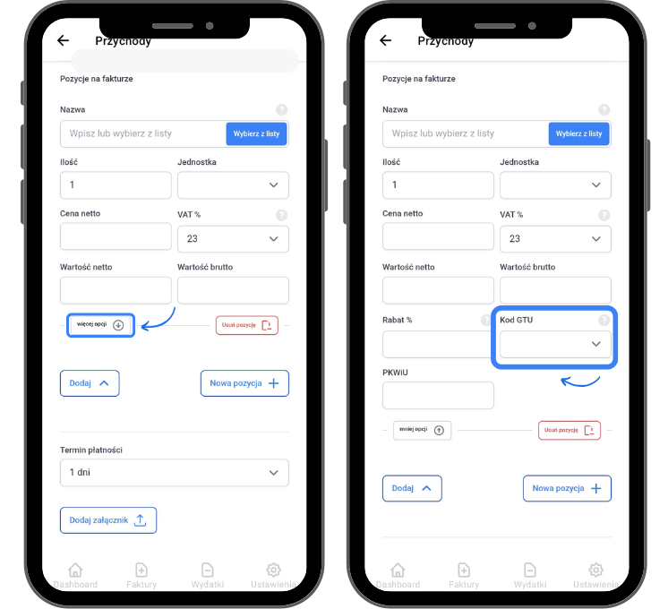 Zrzut ekranu z aplikacji mobilnej, pokazujący formularz do dodawania pozycji na fakturze z opcją wyboru kodu GTU i dodatkowych opcji, takich jak rabat czy PKWIU.