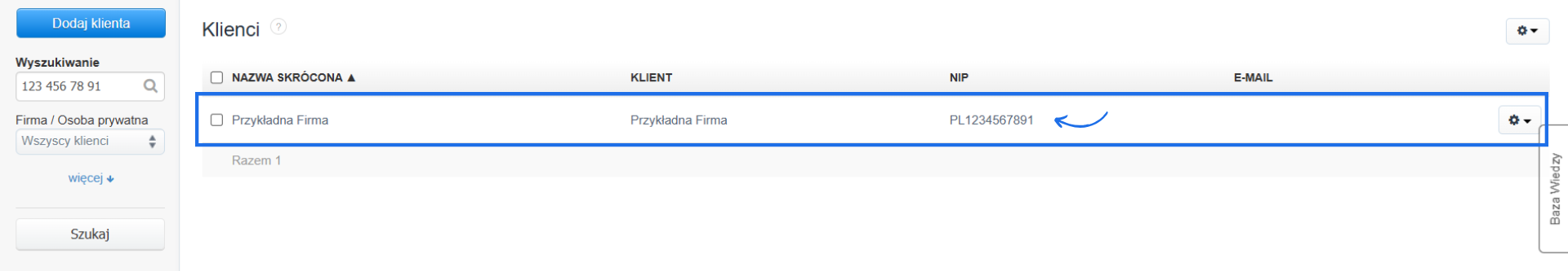 Lista rekordów znalezionych w bazie klientów na podstawie wyszukiwania po NIP 123 456 78 91.