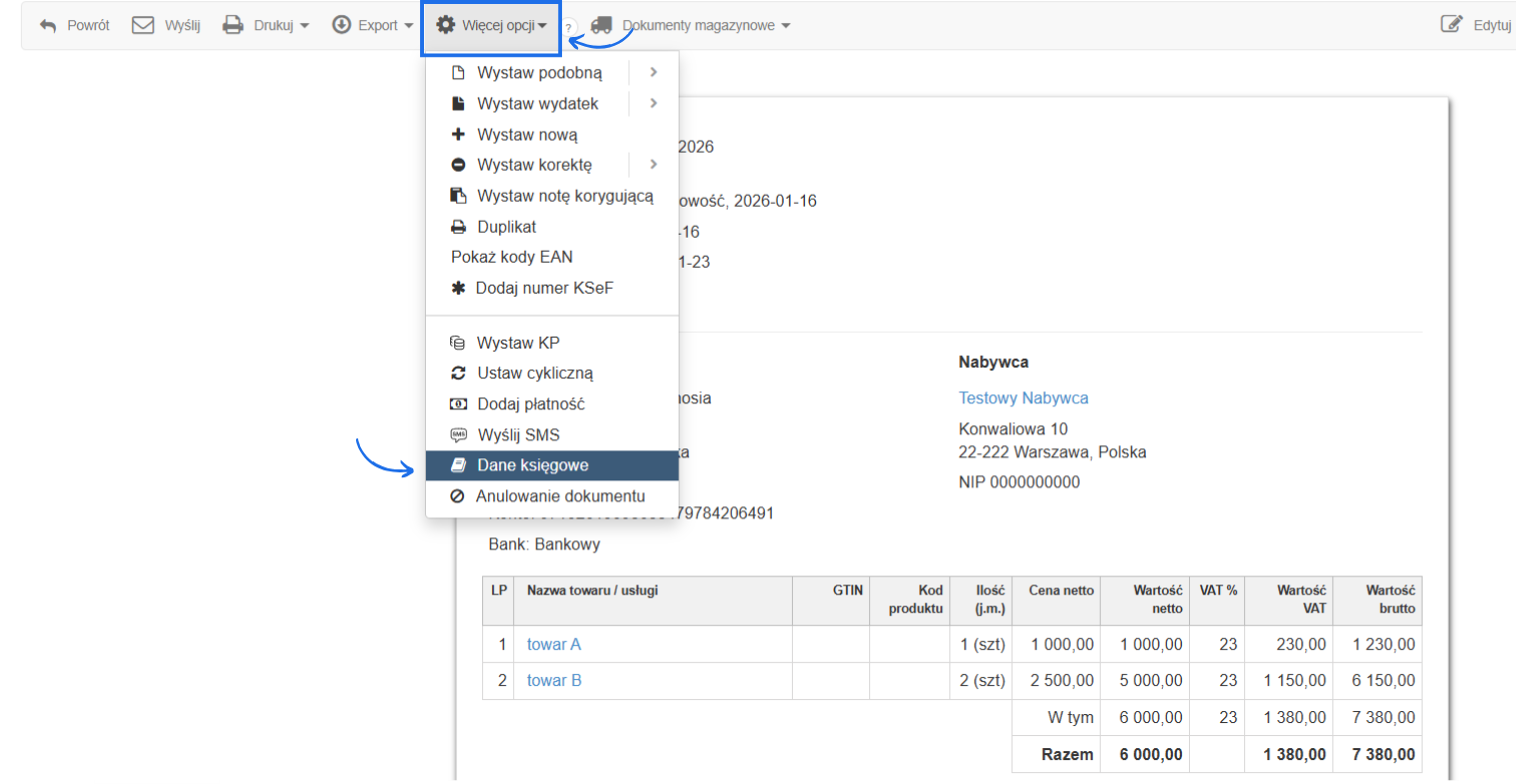Podgląd faktury sprzedażowej z przykładowymi danymi i aktywną opcją dane księgowe.
