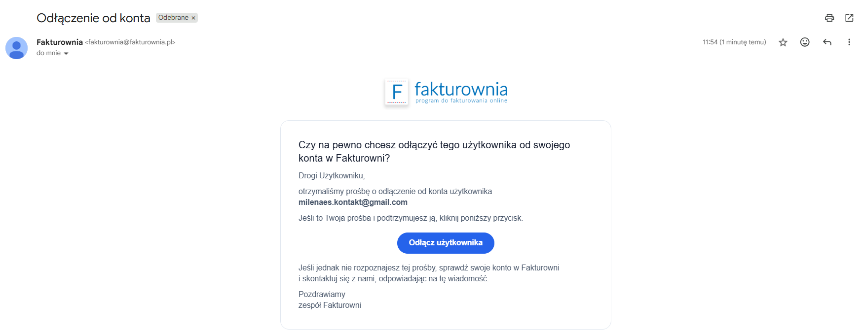 Wiadomość systemowa z prośbą o potwierdzenie zleconego odłączenia użytkownika od konta.
