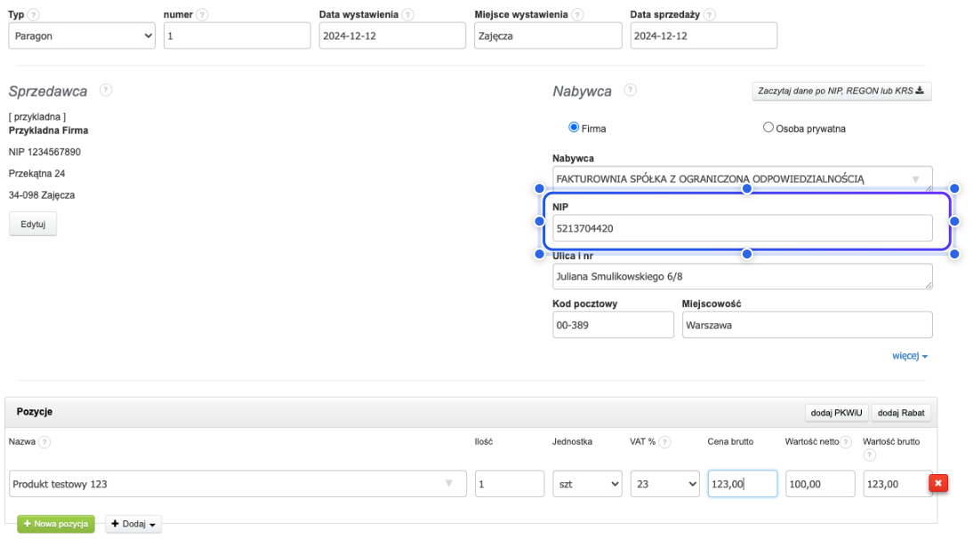 Edycja paragonu w systemie Fakturownia z podanym numerem NIP nabywcy i szczegółami zamówienia.