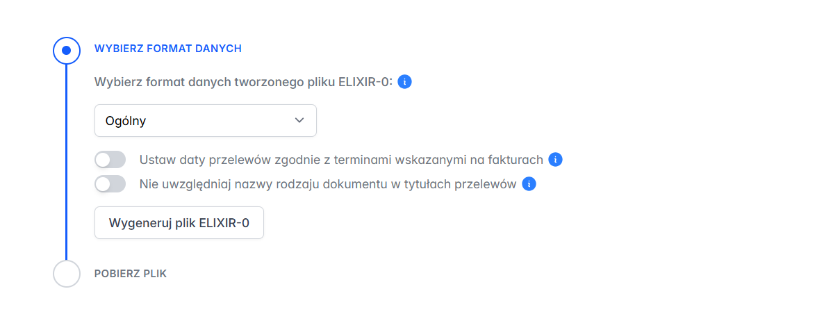 Ustawienia eksportu do formatu elixir z możliwością wygenerowania pliku.