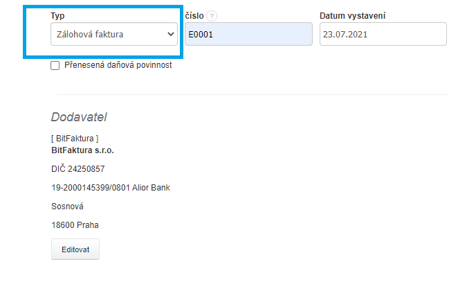 Zalohova faktura pro objednavku 2