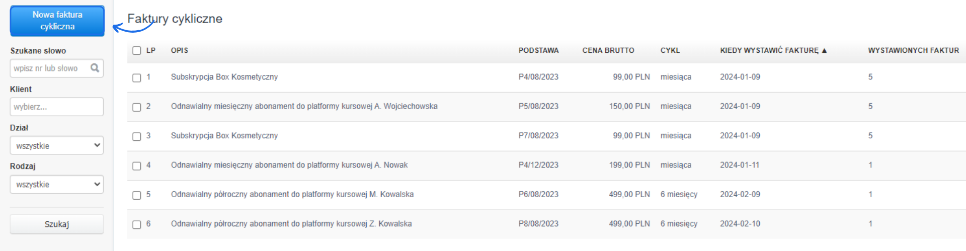 Lista cykli utworzonych na koncie z aktywną opcją dodania nowej faktury cyklicznej. 