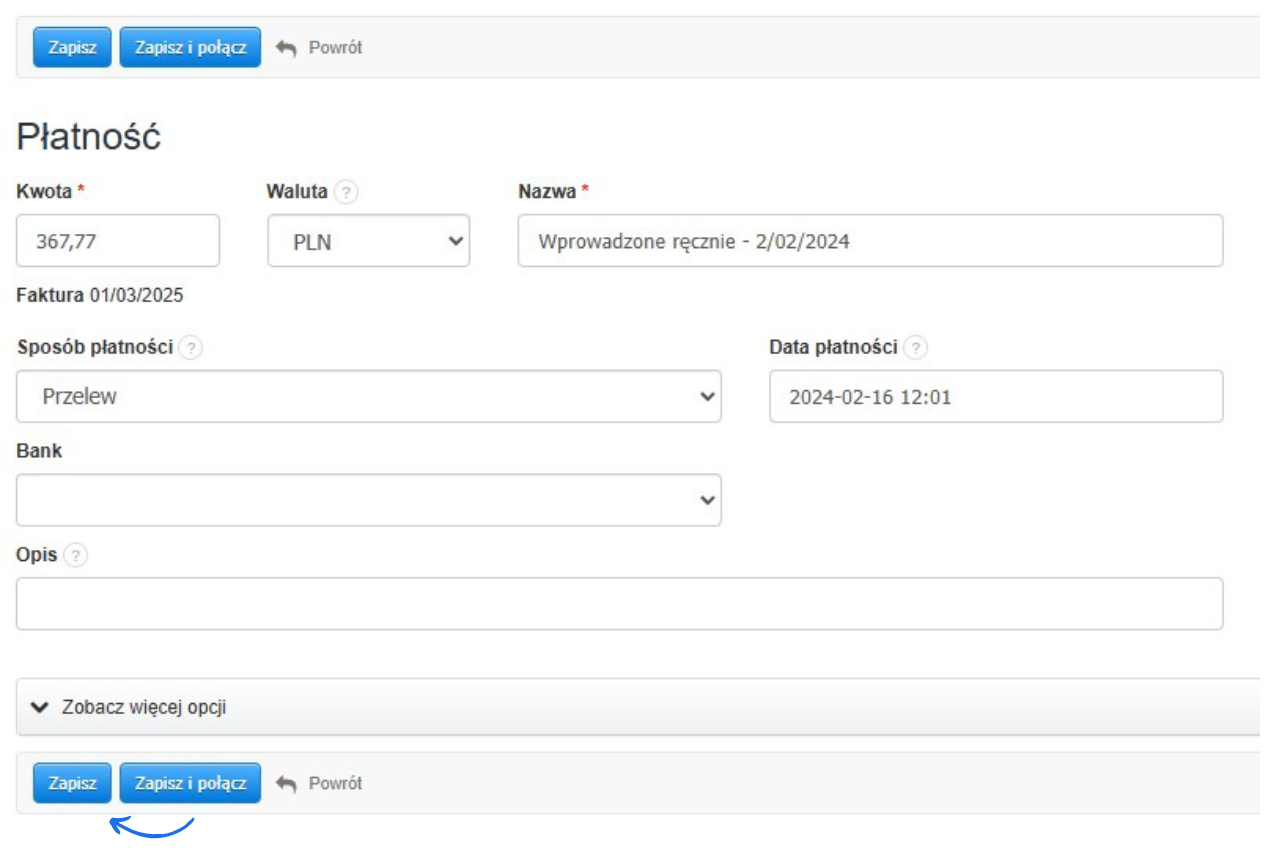 Formularz dodawania płatności w systemie księgowym z wypełnionymi danymi faktury, kwotą 367,77 PLN i sposobem płatności 'Przelew'.