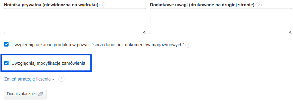 Formularz tworzenia/edycji faktury zaliczkowej po wystawieniu dokumentu modyfikacji zamówienia z aktywnym checkboxem uwzględniaj modyfikację zamówienia.