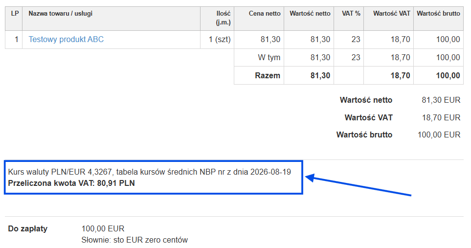 Faktura sprzedażowa z notatką o kursie przeliczenia VAT na PLN i zastosowanym kursie.