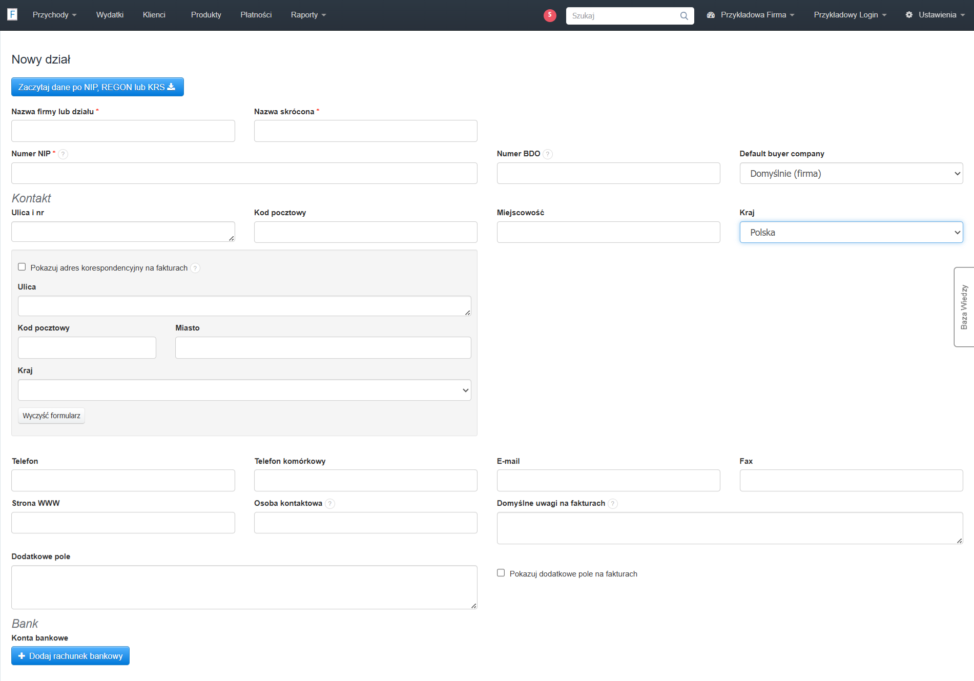 Formularz tworzenia nowego działu z polami do wskazania danych firmy, danych kontaktowych, powiązanych wystawców i informacji o koncie bankowym.