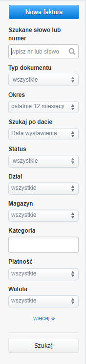 Panel filtrujący dostępny na liście faktu, który pozwala na precyzyjne wyszukanie dokumentów na koncie.