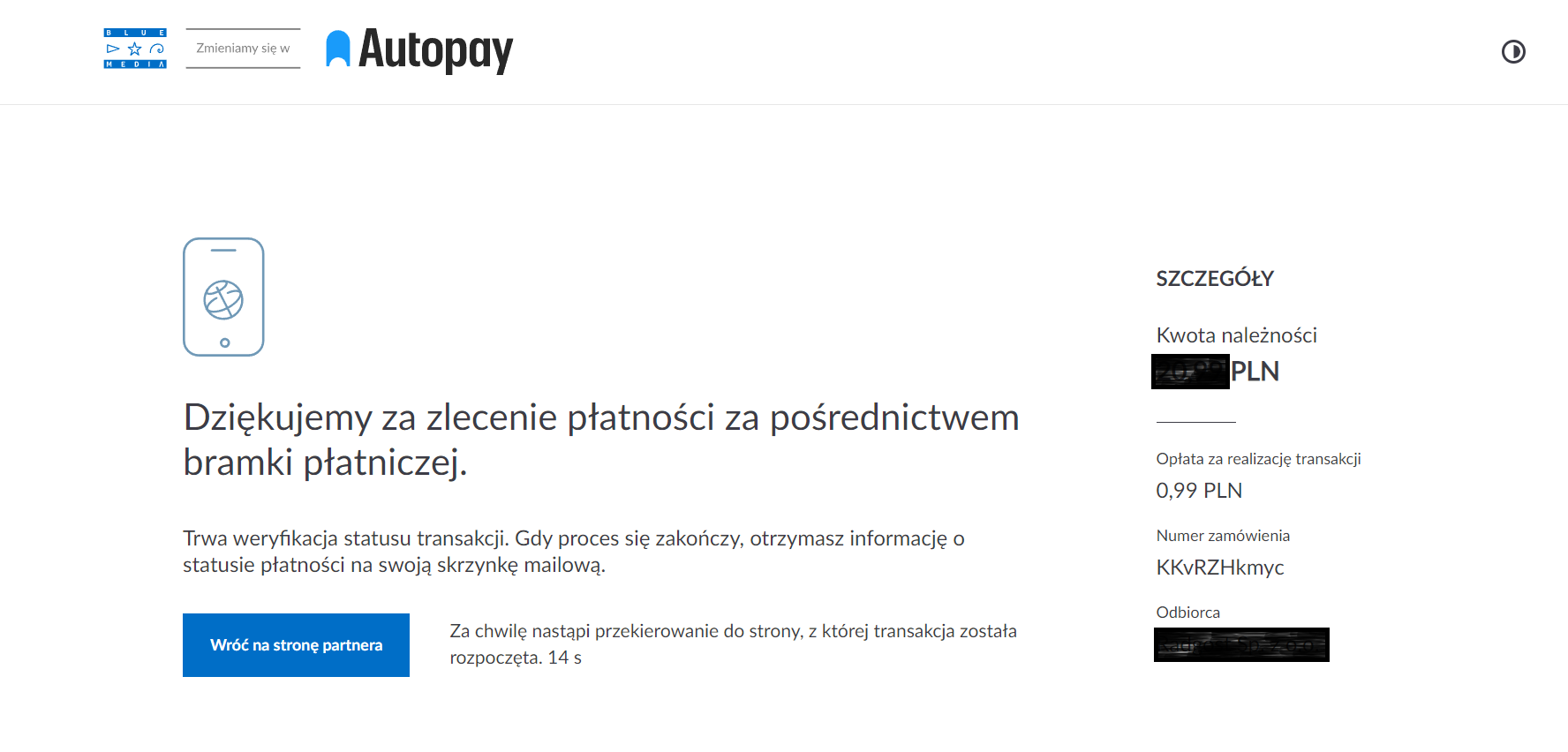 Ekran potwierdzający zlecenie płatności przez bramkę Autopay, z podsumowaniem kwoty, opłaty transakcyjnej oraz numeru zamówienia.