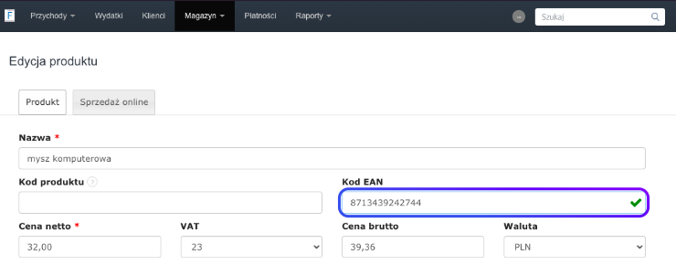 Formularz edycji produktu w Fakturowni z zielonym oznaczeniem poprawności wprowadzonego kodu EAN 