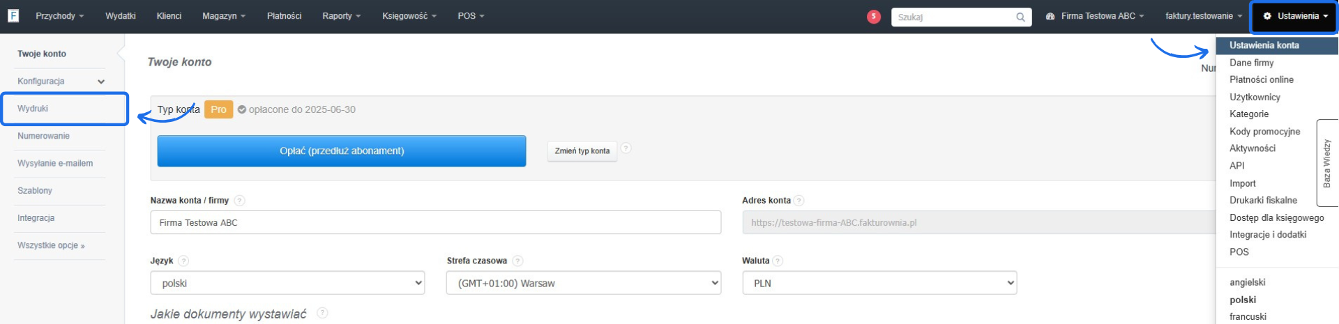 Panel ustawień konta w systemie fakturowym z zaznaczoną opcją 'Wydruki' w menu bocznym oraz rozwiniętym menu 'Ustawienia konta'.