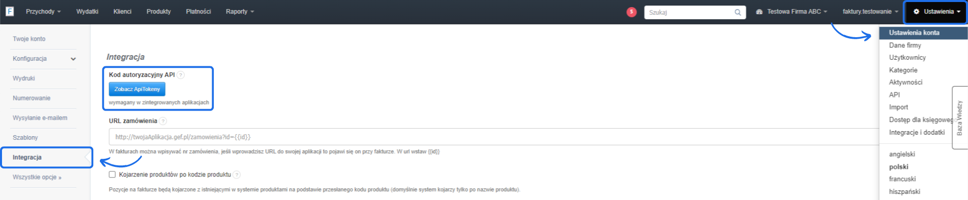 Widok sekcji integracji w panelu ustawień konta z zaznaczonymi opcjami API oraz kodem autoryzacyjnym API w aplikacji Fakturownia.