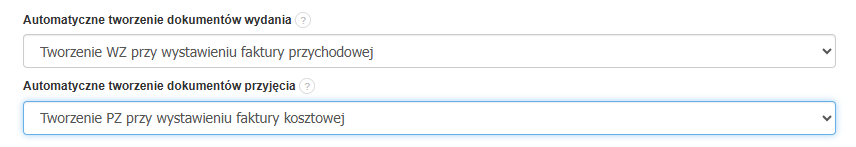 Ustawienia automatycznego tworzenia dokumentów magazynowych WZ i PZ przy wystawianiu faktur przychodowych i kosztowych.