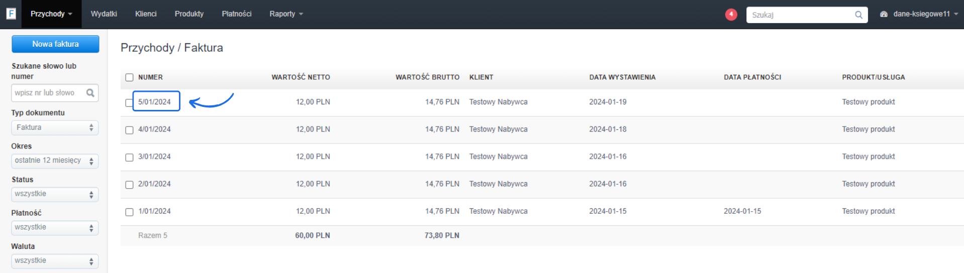 Lista faktur sprzedaży w Fakturowni z zaznaczoną fakturą nr 5/01/2024 i widocznymi szczegółami płatności.