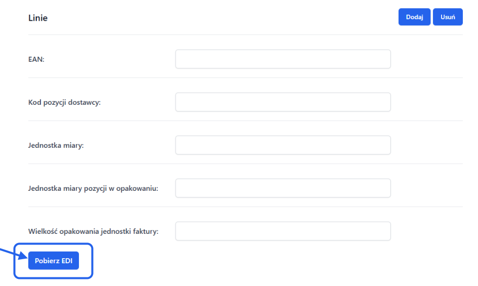 Sekcja ‘Linie’ w formularzu eksportu EDI w Fakturowni. Pola do uzupełnienia: EAN, kod pozycji dostawcy, jednostka miary. Widoczny przycisk ‘Pobierz EDI’